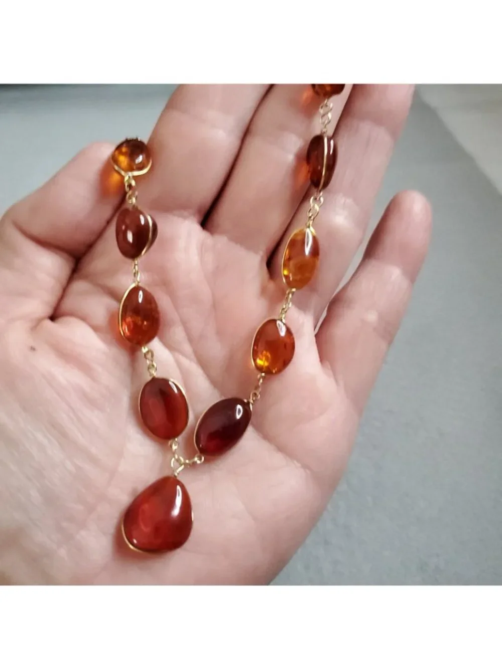 Amber Necklace Gold Tone Wire Wrapped Station 20" - Picture 2 of 5